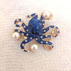 Blue and Gold Octopus Brooch with Pearls